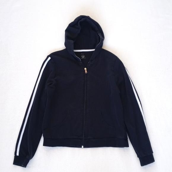 Vintage Black Cropped Long Sleeve Hoodie with White Racer Stripes M - Picture 10 of 11